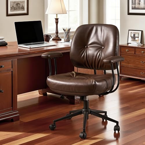 Image of Leather Home Office Chair, Mid Back Ergonomic Desk Chair with Lumbar Support, Mid Century Modern Deep Seat Swivel Rocking Computer Chair, Dark Brown