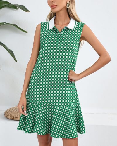 Image of YEXPINE Women's Sleeveless Polo Dress Ruffle Hem Lapel V Neck T-Shirt Summer Mini Dresses