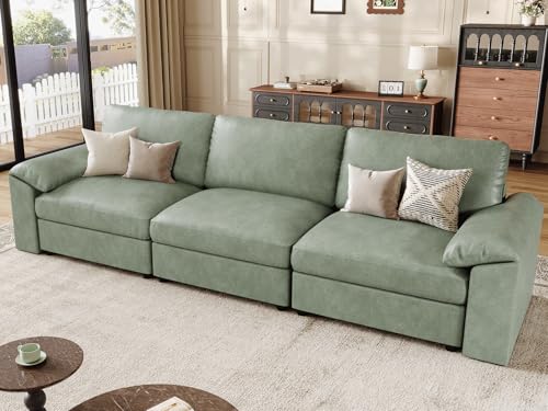 Image of EASE MOOSE 3 Seater Deep Seat Sectional Sofa,Scratch Resistant Faux Leather Material, Oversized Modular Couch,Classic Comfy Sofas for Small Spaces, Green