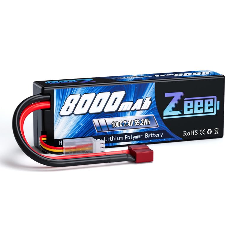 Zeee 2S Lipo Battery 7.4V 100C 8000mAh RC Battery Hard Case with T Plug for RC Car RC Truck RC Truggy RC Boat Helicopter