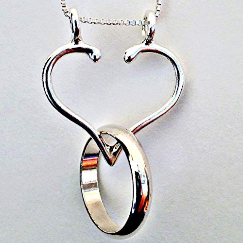 Ring Holder Necklace Made in USA Only Original Open Heart by Ali C Art Handmade Jewelry Chains 18, 20, 24 inch Sterling Silver Pendant Wedding Engagement Gift Women Doctor Nurse Surgeon MD NP RN LPN