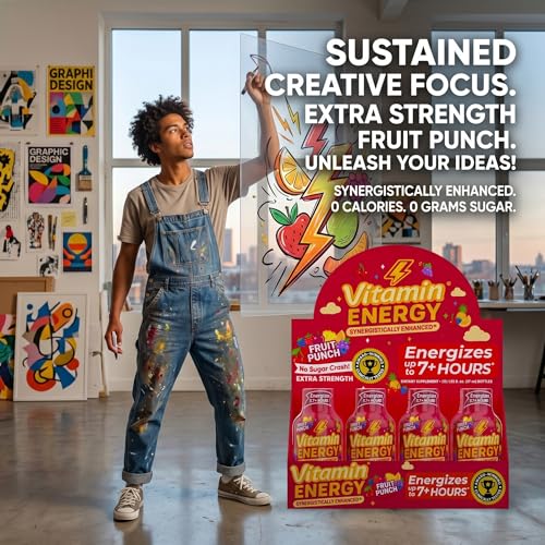 Image of Vitamin Energy Fruit Punch Extra Strength Energy Shot, 48 Pack - Up to 7 Hrs, 260mg Natural Caffeine, Zero Sugar - Green Tea Extract, Immune Support, B12 B6 Niacin, 1.93 fl oz, Keto Vegan