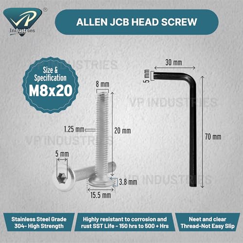 Image of By inchVP INDUSTRIES inch (Pcs-15) M8x20 mm Allen JCB Flat Head Screw Nickel Plated High Tensile | Allen key Head Screw for Modular Furniture, Wooden Work, Electrical Fittings, DIY & Industrial Use
