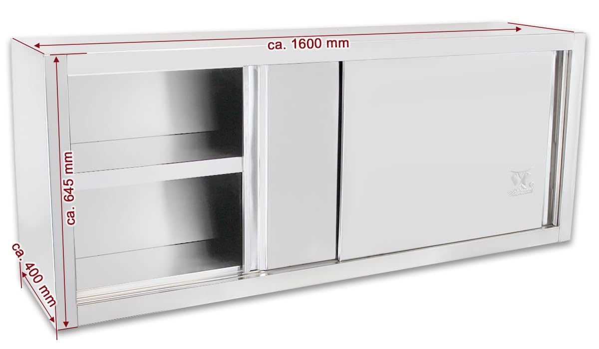 Beeketal 'BWS160' Gastro Küchen Wandhängeschrank aus Edelstahl mit auf Rollen gelagerte Schiebetüren, Hängeschrank mit fest verbautem Einlegeboden - Außenabmessungen (L/B/H): ca. 1600 x 400 x 645 mm