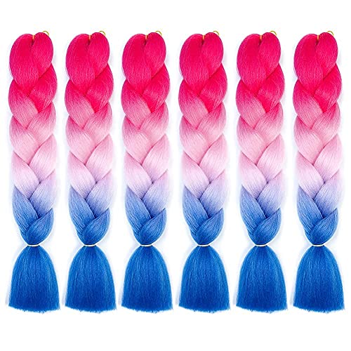 Ombre Braiding Hair 6 Packs Jumbo Braids Hair Extensions 24 Inch Synthetic Hair for Braiding High Temperature Fiber Crochet Twist Braid Kanekalon (Pink to Light Pink to Royal Blue, 24 Inch)