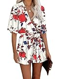 AIMCOO Women's Summer Deep V-Neck Floral Print Romper Ruffle Hem Half Flared Sleeve Jumpsuits Waist
