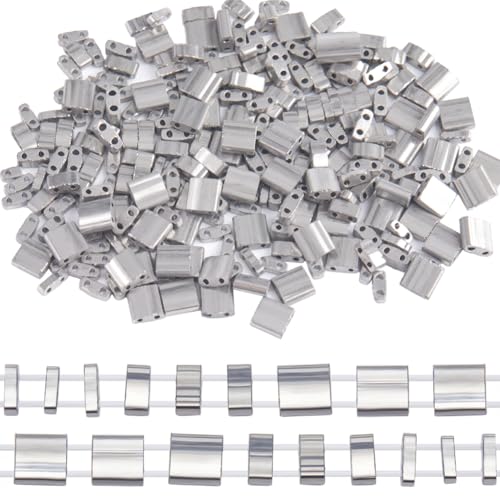 CREATCABIN 300Pcs 2 Hole Half Tila Beads 3 Size Mix Glass Seed Beads Rectangle 1/4 Tila Bead Mini Electroplate With Plastic Container Gunmetal Plated for Craft Bracelet Necklace Earring Jewelry Making