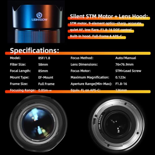 Image of EF 85mm f1.8 Portrait Lens-AF+MF STM Motor for Canon EOS Rebel T8i /T7i /T7 /T6i /T5 /T3i /T3 /T2i /XSi /XS /SL3 /SL2 /T100 /90D /80D /70D /50D /5D Mark IV /6D II /7D II /1D X III II-DSLR Cameras Lenses(EF /EF-S Mount)