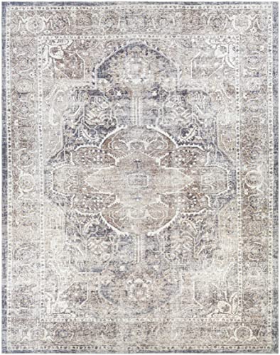 Image of Hauteloom Pegasus Turkish Oriental Medallion Living Room Bedroom Large Area Rug - 0.04 inch Pile Height - Machine Washable - Vintage Distressed - Traditional Faded - Brown, Navy Blue, Beige - 8'10 inch x 12'