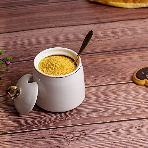 Ceramics Sugar Bowl Saltbox With Lid And Spoon Condiment Pots Seasoning Box 8Oz, Gold White #TOP4