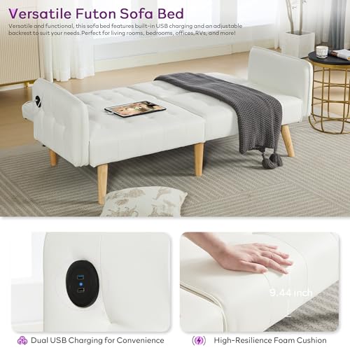 Image of TYBOATLE Modern White Faux Leather Upholstered Convertible USB Folding Futon Sofa Bed, 65 inch Couch, Love Seats Furniture for Small Space Configuration, Apartment, Dorm, Living Room, Office
