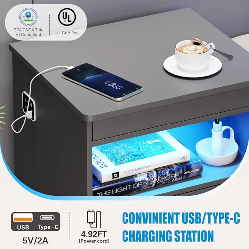 Image of LED Night Stand with Gun Drawer, Bedside Table with Charger Station & Human Sensor Light, Modern End Table with Drawers for Bedroom Office, Grey