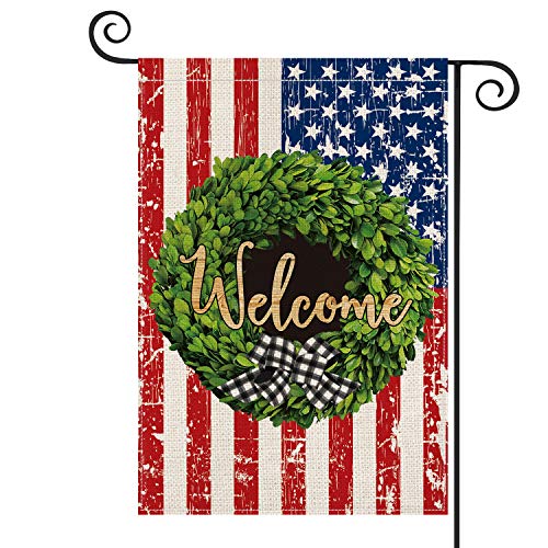 AVOIN American US Flag Boxwood Wreath Garden Flag Vertical Double Sided, Welcome Buffalo