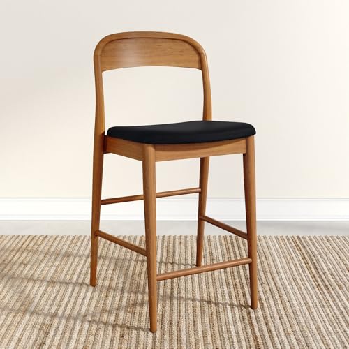 Image of Plank+Beam Loar Upholstered Counter Stool, Solid Rubberwood, Mid-Century Modern Kitchen Bar Chair, Curved Back, Low-VOC Finish, Counter Height Seating, Pecan /Black