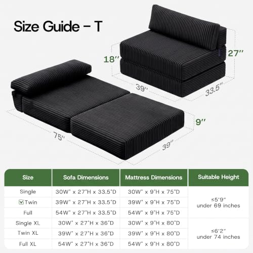 Image of Folding Sofa Bed Convertible 4 in 1 Sleeper Chair Black Twin