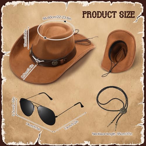 Image of Mepase 18 Pcs Cowboy Hat with Bolo Tie Sunglasses Rodeo Western Costume Accessories for Men Women Cosplay Halloween Party