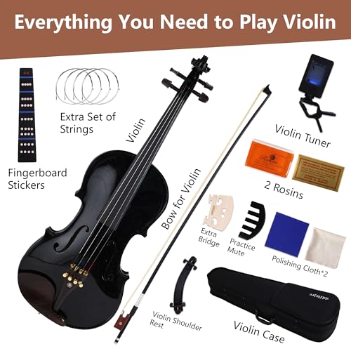 Violin 4/4 Full Size, Beginner Violin For Kids,Students,Adults,Fiddle Set with Hard Case,Bow,Rosin,Shoulder Rest,Tuner,Extra Strings,Bridge,Fingerboard Stickers - Thumbnail 3