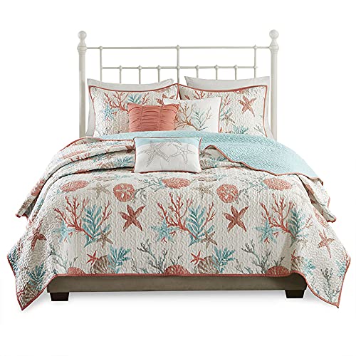 Madison Park Quilt Set Cottage Coastal Design, Starfish Print - All Season, Coverlet Bedspread Lightweight Bedding Layer, Shams, Toss Pillows, King/Cal King(104"X94"), Coral Multi 6 Piece #TOP7