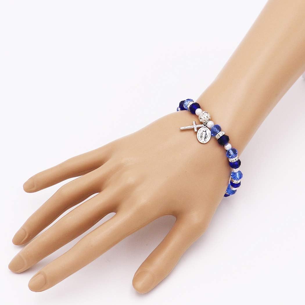 Rosemarie Collections Women's Beaded Stretch Rosary Bracelet with Crucifix and Miraculous Medal