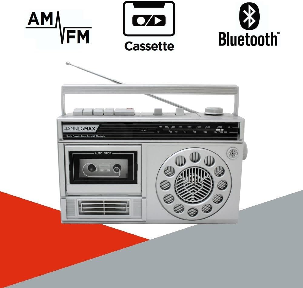 HANNLOMAX HX-601K Portable AM/FM Radio Cassette Recorder with Bluetooth, Records from Built-in Mic or Radio, Headphone Jack, AC/DC Operation. (Silver)