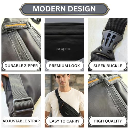 Image of GLACIER Men's & Women's Waist Bag /Fanny Pack | Stylish Crossbody Sling for Travel & Daily Use | Multi-Compartment Lightweight Waist Pouch with Adjustable Strap for Outdoor, Walking & Casual Wear