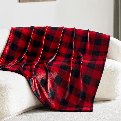 Touchat Fleece Throw Blankets, Buffalo Plaid Throw Blanket for Couch Sofa Bed, Soft Warm Fuzzy Cozy Plush Checkered Blanket, Lightweight Farmhouse Decor(Red and Black Plaid, 50“ x60”)