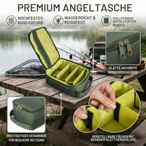 Angelrolle Tackle Tasche wasserdichte Angeltasche Tragbarer Rutenträger Ausrüstungstasche Angelgerät Aufbewahrungstasche mit 3 verstellbaren Trennwänden zum Spinnen, Baitcasting Fliegenrollen – Bild 3