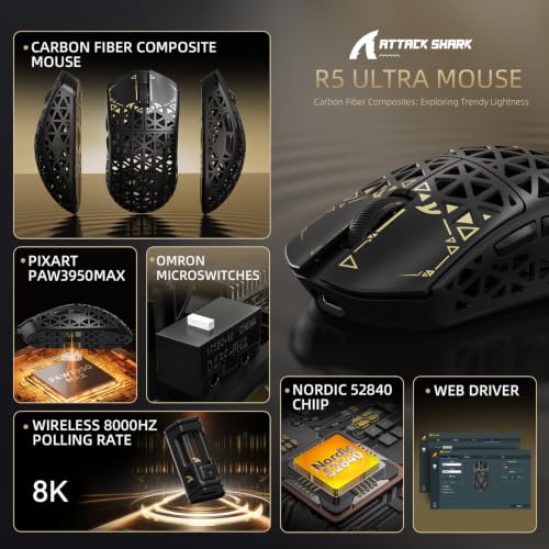 Image of ATTACK SHARK R5Ultra 8K Carbon Fiber Wireless Gaming Mouse with 42,000 DPI -PAW3950 MAX Sensor -39g Ultra-Lightweight -Nordic52840 -Wired /BT /2.4GHz Wirelss Programmable Mouse for PC /Mac (Black)
