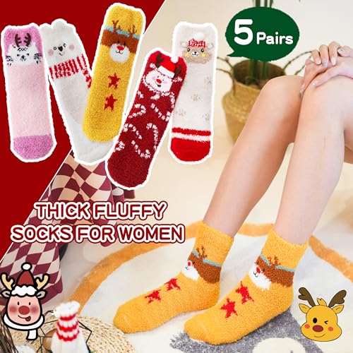 Sandsuced Fuzzy Fluffy Warm Slipper Socks for Women Winter Cozy Thick Cute Crew Sleep Comfy Fleece Christmas Socks 5 Pairs4