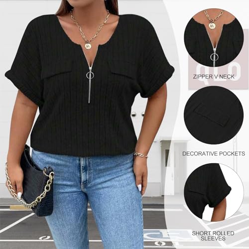 Viracy Plus Size Top for Women Short Sleeve Blouses Zip-up V Neck Top Womens Fashion 2025 Trendy Casual Work Shirt 1X-5X2