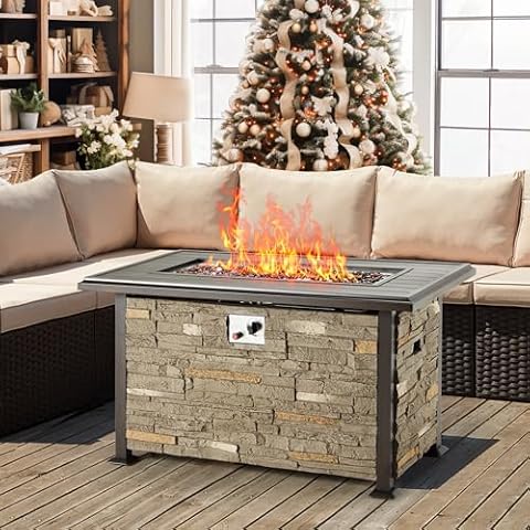 Vicluke 44 Inch Aluminum Propane Fire Pit Table w/Faux Ledgestone, Hand-Painted Table Top, 50,000 BTU Fire Table w/CSA Certification,Waterproof Cover,Glass Rock for Outdoor, Patio, Christmas(Grey) Cover