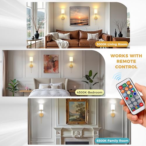 Image of DORESshop Battery Operated Wall Sconce Set of 2, Wireless Wall Light Easy to Install, 7 Color Rechargeable Wall Sconces, Sconce Wall Decor Set of 2 for Bedroom, Living Room, Gold, 24.3in