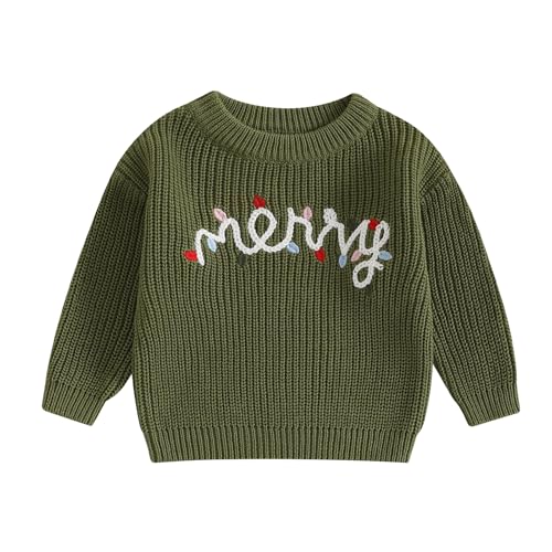Pivanzore Toddler Baby Boy Girl Christmas Outfit Infant Bow Letter Embroidery Knit Ugly Pullover Sweater Fall Winter Clothes (Green g, 3-6 Months)