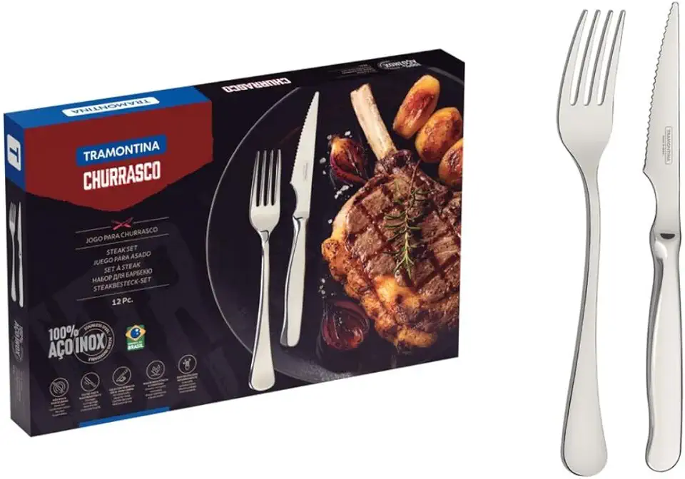 Jogo para Churrasco Tramontina Zurique em Aço Inox Facas Fio Serrilhado Acabamento Alto Brilho 12 Peças
