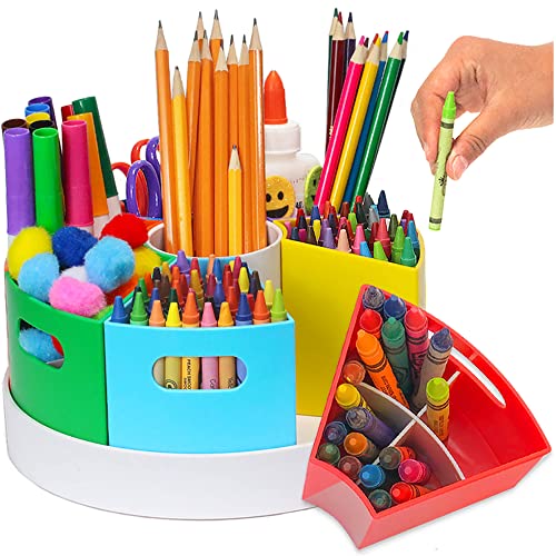 PUZZLE EZ Kids Crayon Organizer and Storage – Lazy Susan School Art Supplies Caddy for Classroom | Rotating Kids Desk Organizer | Pencil Marker Stationary Holder for Teachers & Students