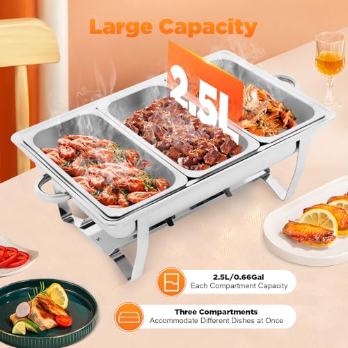 HUSPOO 9L Edelstahl Warmhaltebehälter Essen, 3 Grid Speisenwärmer, Mahlzeit Chafing Dish Profi Set, Buffetwärmer mit Faltbaren Beinen Wärmebehälter für Catering Buffet und Party – Bild 5