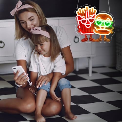 Image of Burgers Neon sign - JGHTURIE Hamburger and French Fries Neon Signs for Wall Decor LED Light up UV Printed Preparatory Home Restaurant Club Decoration USB Powered