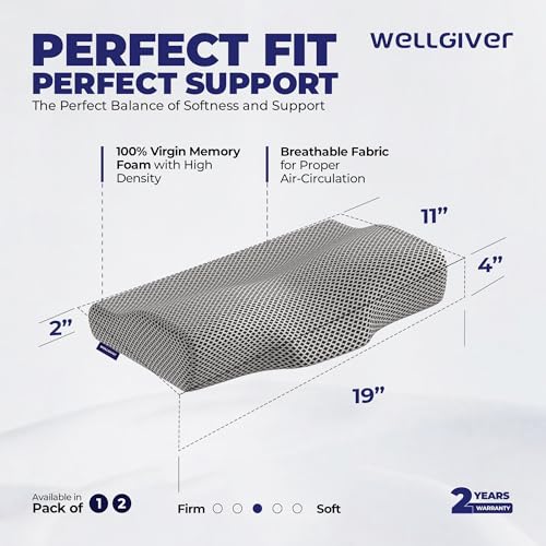 Image of WELLGIVER Cervical Memory Foam Pillow for Neck Pain | 2 Year Warranty | 19 x 11 x 4 Inch Standard | Orthopedic Pillow Spondylitis NecK Shoulder Pain | Washable Jacquard Midnight Blue Cover | Pack of 1