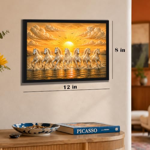 Image of PAINTINGMANTRA 7 White Running Horses Framed Wall Art Painting For Living Room, Vastu Poster with frame for Wall, Decoration item for bedroom, 10x13 Inch