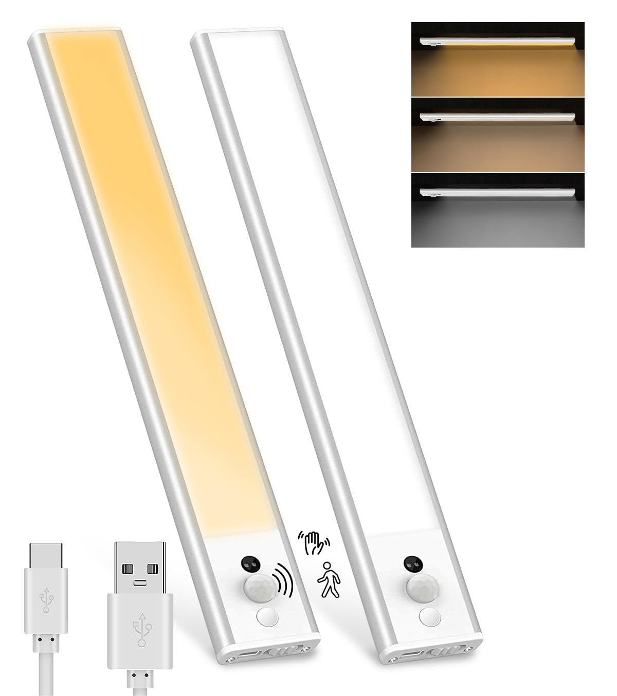 Under Cabinet Lights 2000mAh, 126 LED 3+1 Sensor Modes Hand-Wave, 3 Color Temperature Stepless Dimming USB Motion Sensor Cupboard Light with Magnetic Sticker for Kitchen/Wardrobe (2PACK)