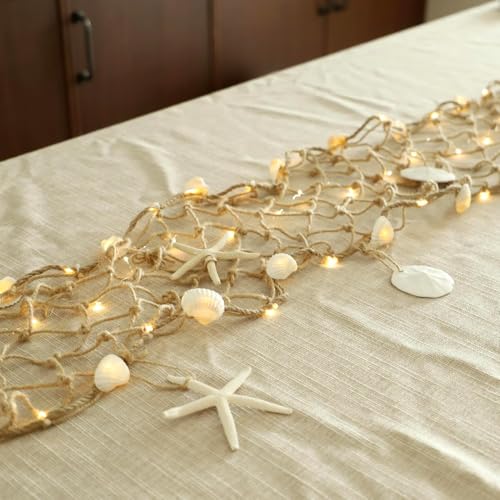 SUNSET HOME Seashell Garland Net Lights 6.5FT 55LED Warm White USB & Battery Powered Remote Timer Dimmer Starfish Sand Dollar Shell Decor for Beach Bedroom Coconut Girl Coastal Room Decor