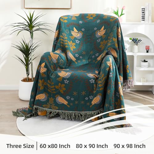 Image of VANJOROY Boho Large Throw Blanket for Bed, 100% Muslin Cotton Soft Breathable Throw-Floral Bird Rustic Decor Blanket for Couch Sofa Quilt and Gift, 60 inch x 80 inch-Teal /Beige