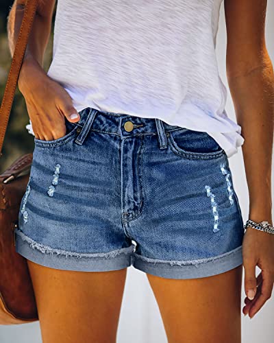 Image of onlypuff Women Denim Shorts Ripped Mid Waisted Jean Shorts with Pockets