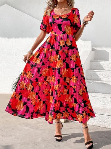 Image of PRETTYGARDEN Puff Short Sleeve Cewneck Floral Long Fall Dresses for Women 2025 Flowy Tiered Hem Maxi Wedding Guest Dress