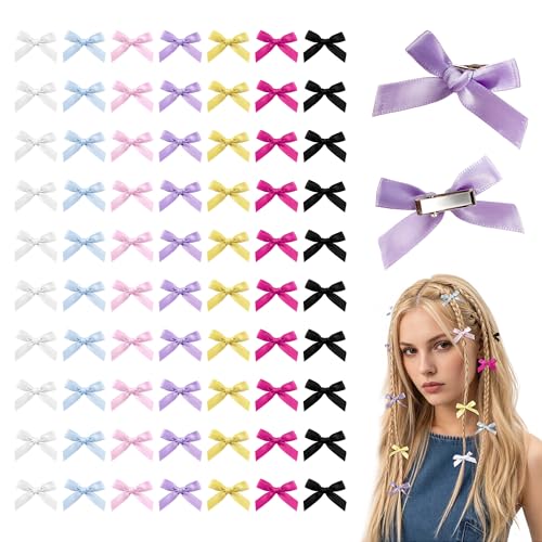 70PCS Mini Hair Bows for Women Girls Bowknot Small Metal Alligator Hair Clips Y2k Hair Accessories Pink Ribbon Bows White Black Satin Bow Hair Clips Barrettes
