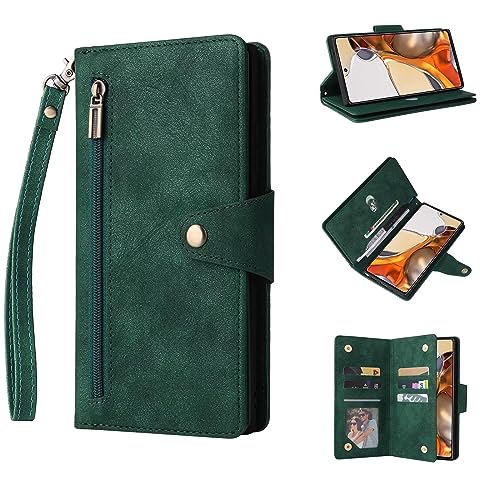 ESONG Wallet Case for Google Pixel 8 Pro,Premium PU Leather Zipper Pocket Magnetic Flip Stand Case Cover with Wrist Strap/Card Slots/Coin Pouch/Kickstand,Full Body Protection Phone Case -green