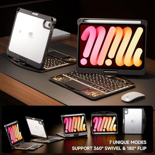 Image of Transparent Case with Keyboard for iPad mini 7 A17 Pro(2024) & Mini 6 (2021) 8.3 inch,7-Color Backlit,Wireless Keyboard, 360Rotating,with trackpad,Pencil Holder,with Shortcuts,Black