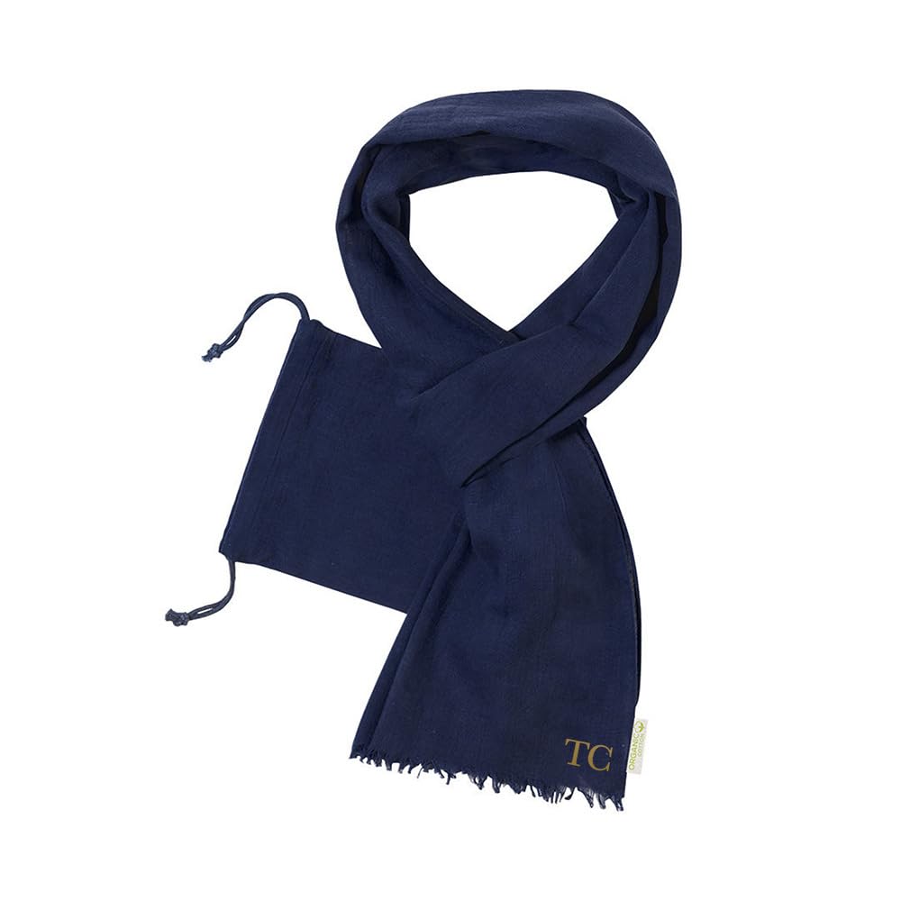 eBuyGB Personalised Fringe Scarf With Initials, Navy Blue Monogram scarf for Women, Cosy Organic Cotton Scarf With Pouch