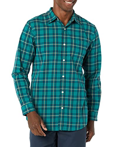 Amazon Essentials Men's Long-Sleeve Slim-Fit Stretch Poplin Shirt, Green Gold Checked, Medium