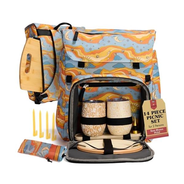 Lax & Daisy Travel Picnic Backpack for 2 Persons - 14 Piece Set Cooler Bags Insulated for Beach, Camping, Hiking & Parks with Blanket, Tumblers, Plates, Gold Cutlery & Cutting Board (Sun Moon Print)